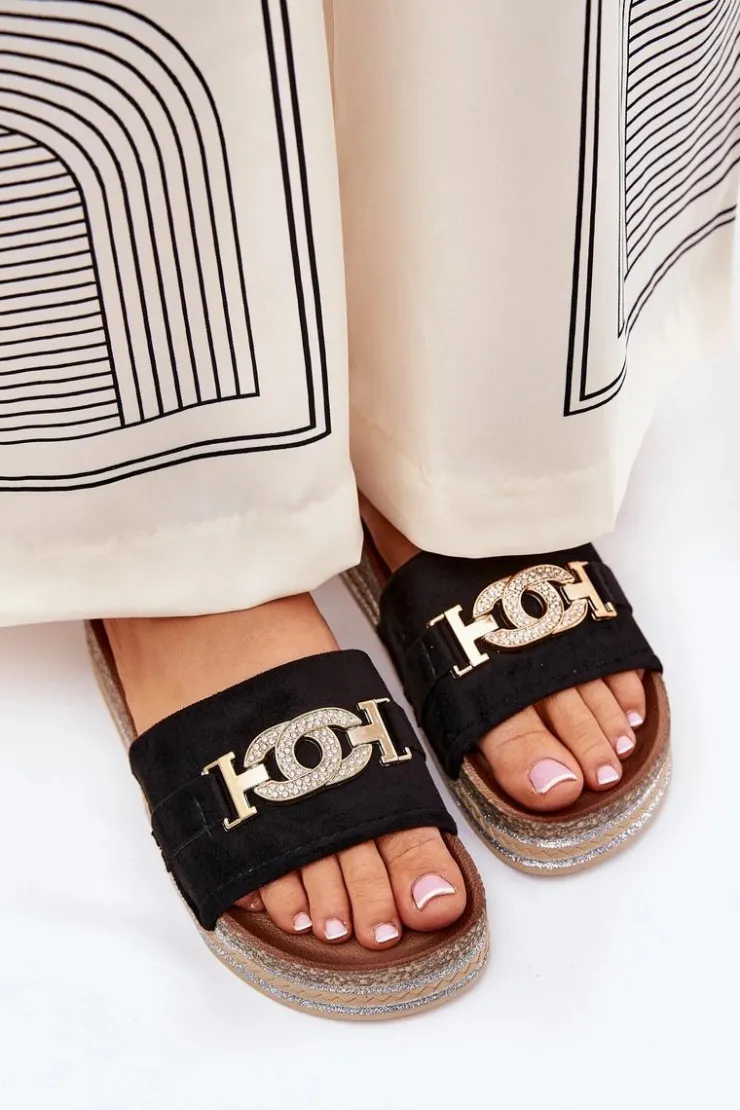 Damskie Boto Klapki Damskie Ze Złotym Detalem Na Platformie Z Brokatem Czarne Eanes