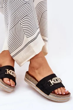 Damskie Boto Klapki Damskie Ze Złotym Detalem Na Platformie Z Brokatem Czarne Eanes