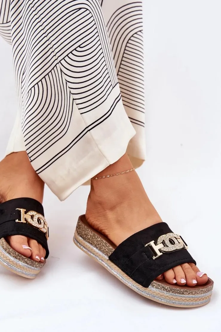 Damskie Boto Klapki Damskie Ze Złotym Detalem Na Platformie Z Brokatem Czarne Eanes