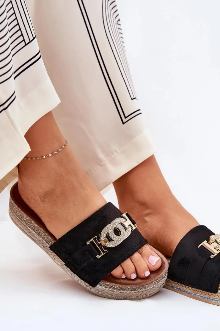 Damskie Boto Klapki Damskie Ze Złotym Detalem Na Platformie Z Brokatem Czarne Eanes