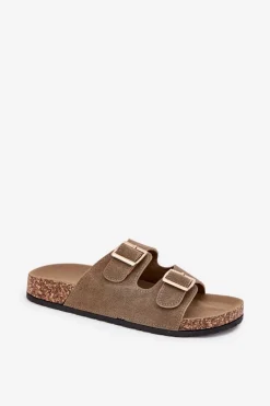 Outlet Boto Klapki Damskie Ze Złotymi Klamrami I Przeszyciami Ciemnozielone Lunera