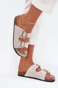 Clearance Boto Klapki Damskie Ze Złotymi Klamrami I Przeszyciami Szare Lunera Szary