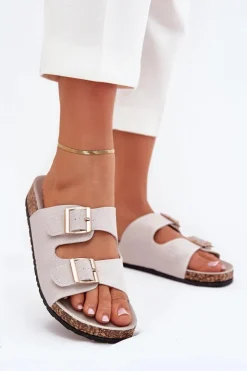 Clearance Boto Klapki Damskie Ze Złotymi Klamrami I Przeszyciami Szare Lunera Szary