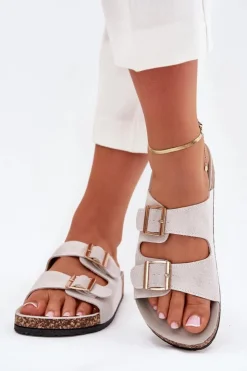 Clearance Boto Klapki Damskie Ze Złotymi Klamrami I Przeszyciami Szare Lunera Szary