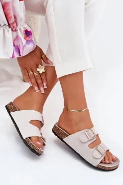 Clearance Boto Klapki Damskie Ze Złotymi Klamrami I Przeszyciami Szare Lunera Szary