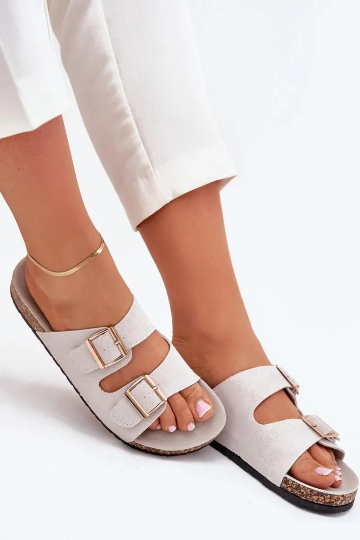 Clearance Boto Klapki Damskie Ze Złotymi Klamrami I Przeszyciami Szare Lunera Szary