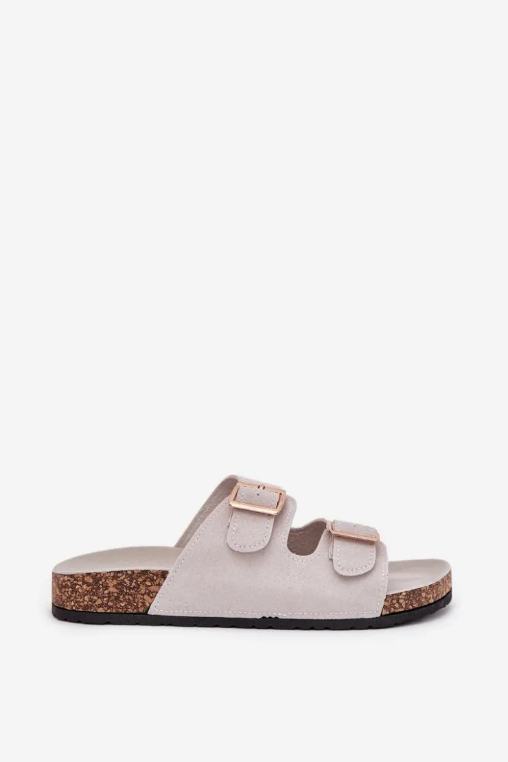 Clearance Boto Klapki Damskie Ze Złotymi Klamrami I Przeszyciami Szare Lunera Szary