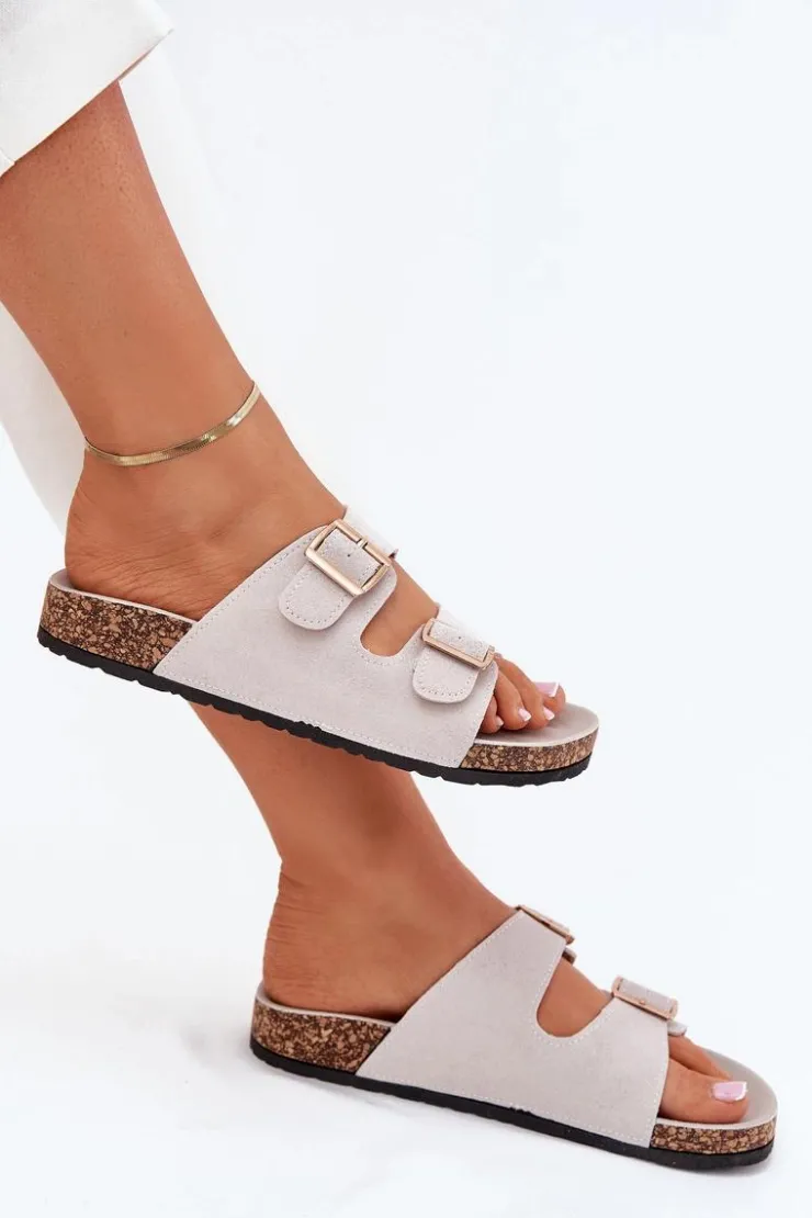 Clearance Boto Klapki Damskie Ze Złotymi Klamrami I Przeszyciami Szare Lunera Szary