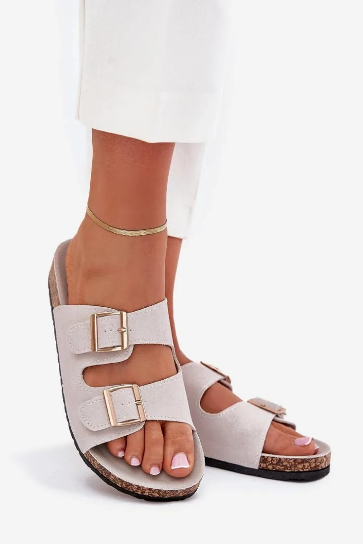 Clearance Boto Klapki Damskie Ze Złotymi Klamrami I Przeszyciami Szare Lunera Szary