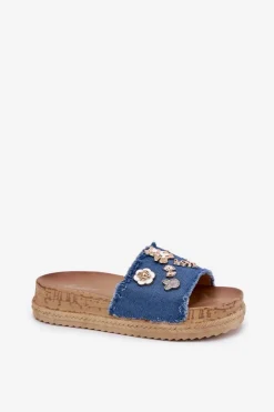 Damskie Boto Klapki Damskie Ze Złotymi Przypinkami Na Platformie Granatowe Rigasta