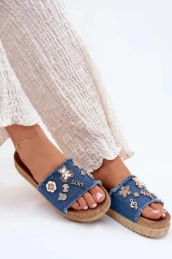 Damskie Boto Klapki Damskie Ze Złotymi Przypinkami Na Platformie Granatowe Rigasta