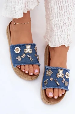 Damskie Boto Klapki Damskie Ze Złotymi Przypinkami Na Platformie Granatowe Rigasta