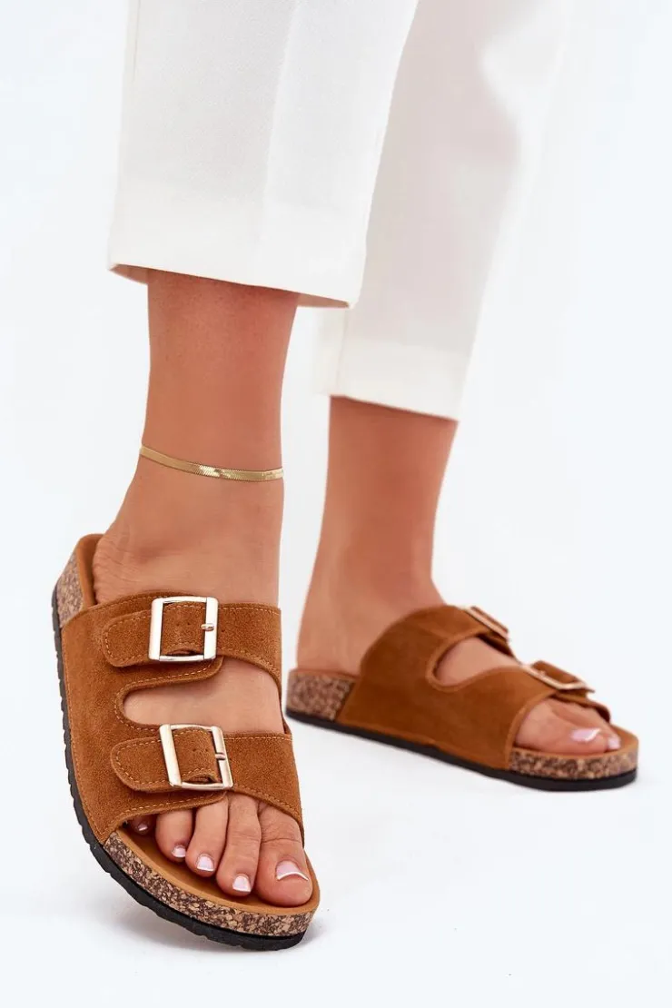 Boto Klapki Korkowe|Klapki Damskie Klasyczne*Klapki Damskie Ze Złotymi Klamrami I Przeszyciami Camel Lunera Brązowy