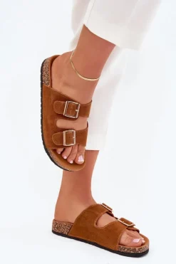 Boto Klapki Korkowe|Klapki Damskie Klasyczne*Klapki Damskie Ze Złotymi Klamrami I Przeszyciami Camel Lunera Brązowy