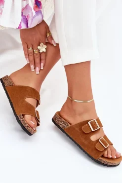 Boto Klapki Korkowe|Klapki Damskie Klasyczne*Klapki Damskie Ze Złotymi Klamrami I Przeszyciami Camel Lunera Brązowy