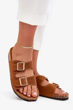 Boto Klapki Korkowe|Klapki Damskie Klasyczne*Klapki Damskie Ze Złotymi Klamrami I Przeszyciami Camel Lunera Brązowy