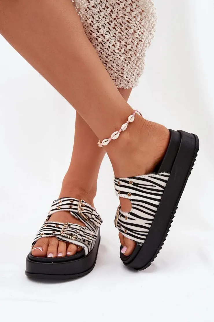 Best Boto Klapki Damskie Ze Złotymi Klamrami Na Platformie Zebra Virvania