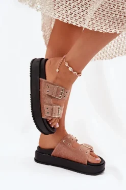 Best Boto Klapki Damskie Ze Złotymi Klamrami Na Platformie Beżowe Virvania Beżowy