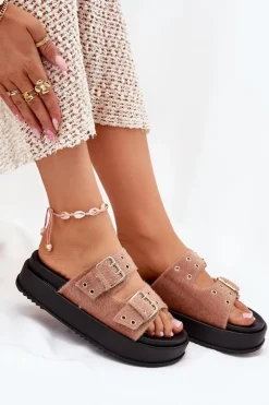 Best Boto Klapki Damskie Ze Złotymi Klamrami Na Platformie Beżowe Virvania Beżowy