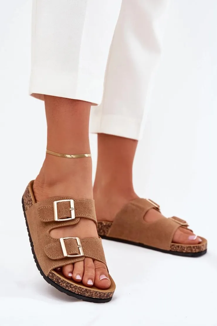 Boto Klapki Korkowe|Klapki Damskie Klasyczne*Klapki Damskie Ze Złotymi Klamrami I Przeszyciami Jasnobrązowe Lunera