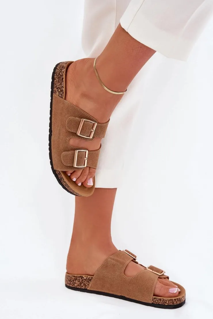 Boto Klapki Korkowe|Klapki Damskie Klasyczne*Klapki Damskie Ze Złotymi Klamrami I Przeszyciami Jasnobrązowe Lunera