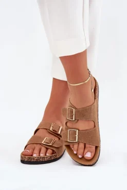 Boto Klapki Korkowe|Klapki Damskie Klasyczne*Klapki Damskie Ze Złotymi Klamrami I Przeszyciami Jasnobrązowe Lunera