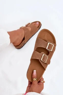 Boto Klapki Korkowe|Klapki Damskie Klasyczne*Klapki Damskie Ze Złotymi Klamrami I Przeszyciami Jasnobrązowe Lunera