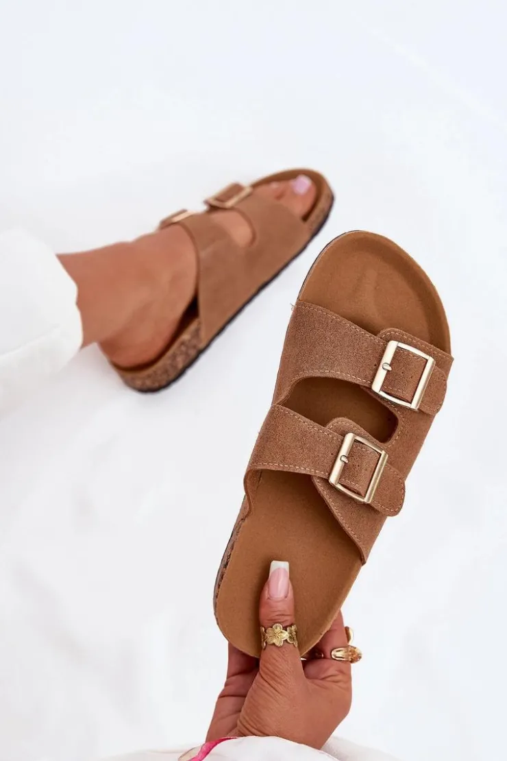 Boto Klapki Korkowe|Klapki Damskie Klasyczne*Klapki Damskie Ze Złotymi Klamrami I Przeszyciami Jasnobrązowe Lunera