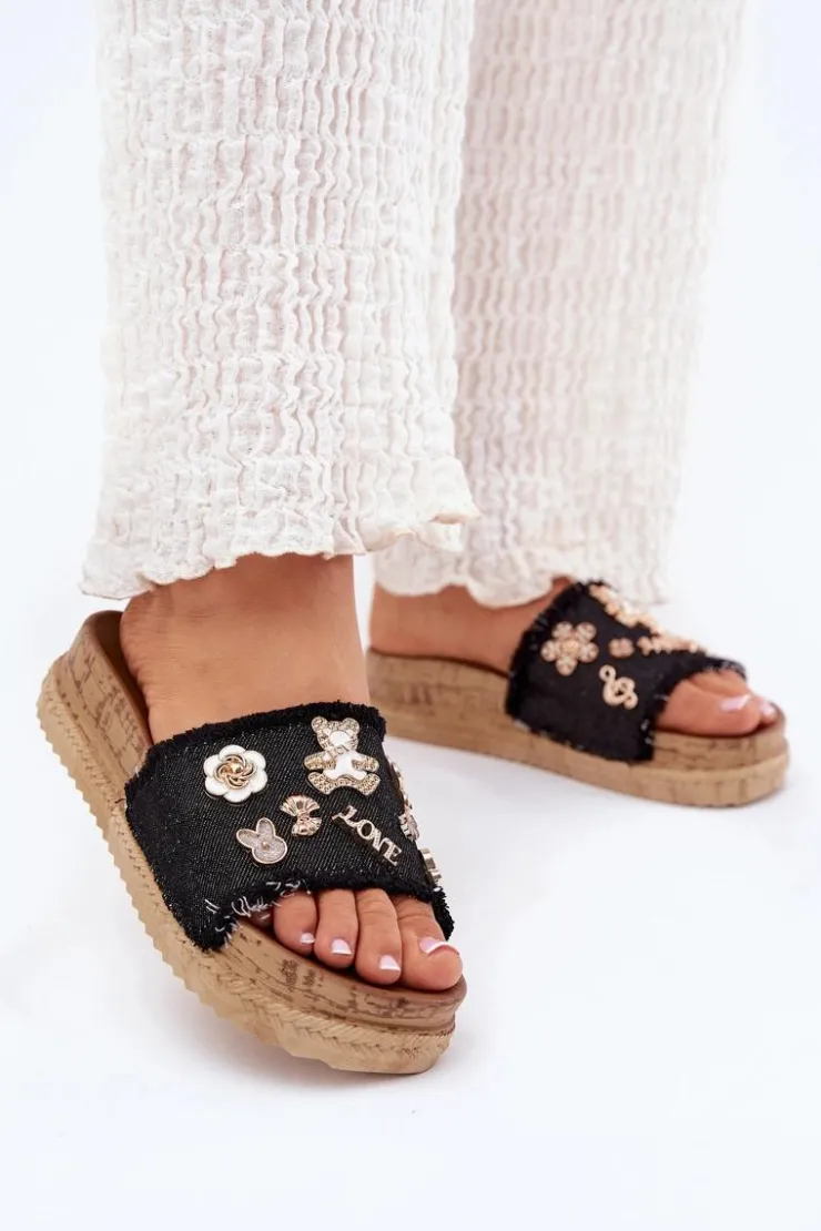 Boto Klapki Na Platformie|Klapki Damskie Klasyczne*Klapki Damskie Ze Złotymi Przypinkami Na Platformie Czarne Rigasta Czarny