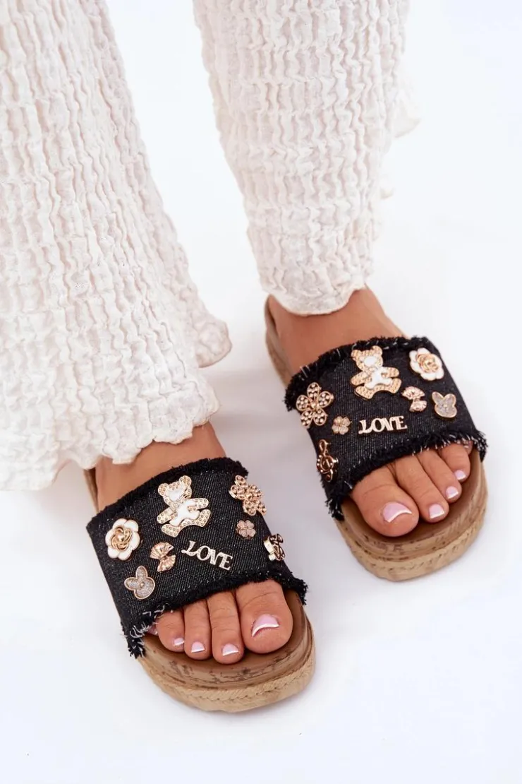 Boto Klapki Na Platformie|Klapki Damskie Klasyczne*Klapki Damskie Ze Złotymi Przypinkami Na Platformie Czarne Rigasta Czarny