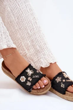 Boto Klapki Na Platformie|Klapki Damskie Klasyczne*Klapki Damskie Ze Złotymi Przypinkami Na Platformie Czarne Rigasta Czarny