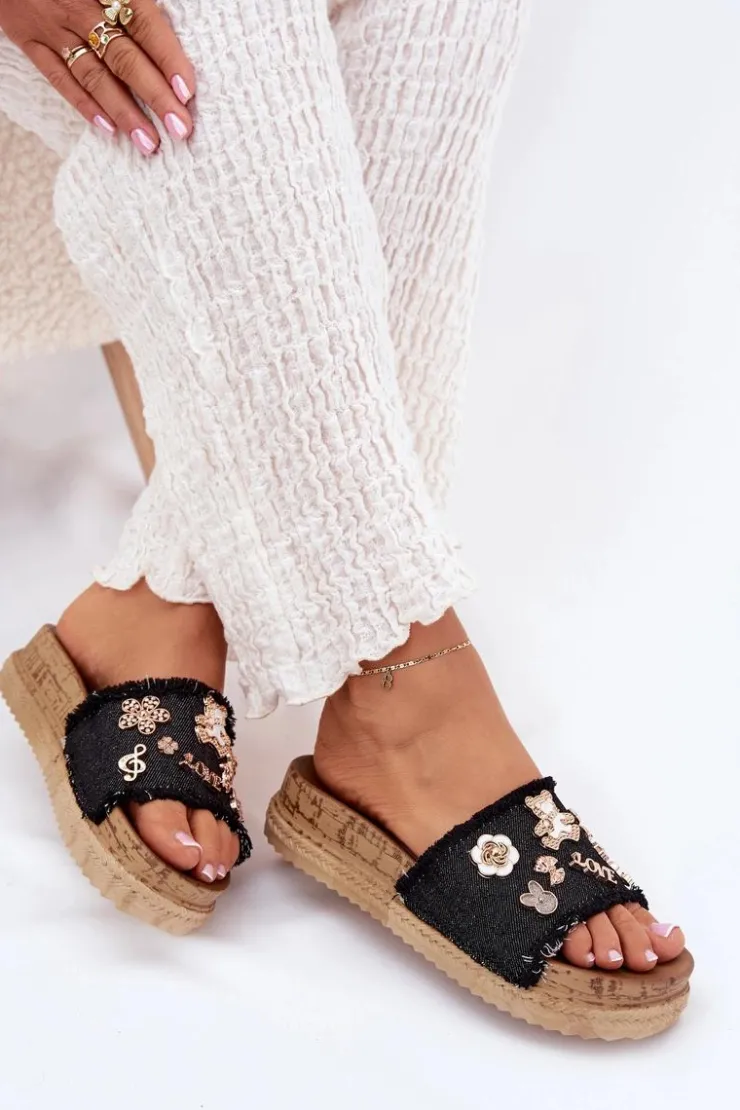 Boto Klapki Na Platformie|Klapki Damskie Klasyczne*Klapki Damskie Ze Złotymi Przypinkami Na Platformie Czarne Rigasta Czarny