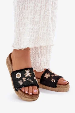 Boto Klapki Na Platformie|Klapki Damskie Klasyczne*Klapki Damskie Ze Złotymi Przypinkami Na Platformie Czarne Rigasta Czarny