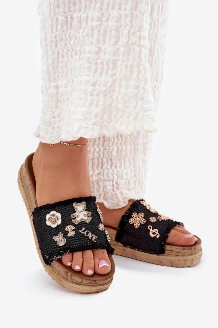 Boto Klapki Na Platformie|Klapki Damskie Klasyczne*Klapki Damskie Ze Złotymi Przypinkami Na Platformie Czarne Rigasta Czarny