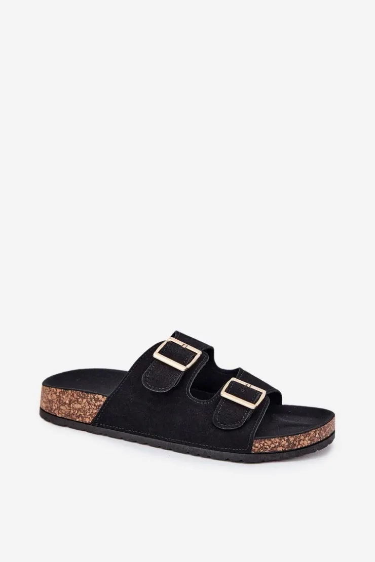 Damskie Boto Klapki Damskie Ze Złotymi Klamrami I Przeszyciami Czarne Lunera