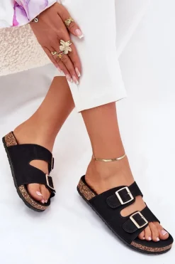 Damskie Boto Klapki Damskie Ze Złotymi Klamrami I Przeszyciami Czarne Lunera