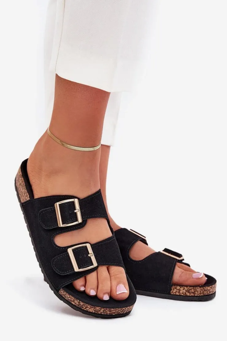 Damskie Boto Klapki Damskie Ze Złotymi Klamrami I Przeszyciami Czarne Lunera