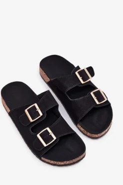 Damskie Boto Klapki Damskie Ze Złotymi Klamrami I Przeszyciami Czarne Lunera