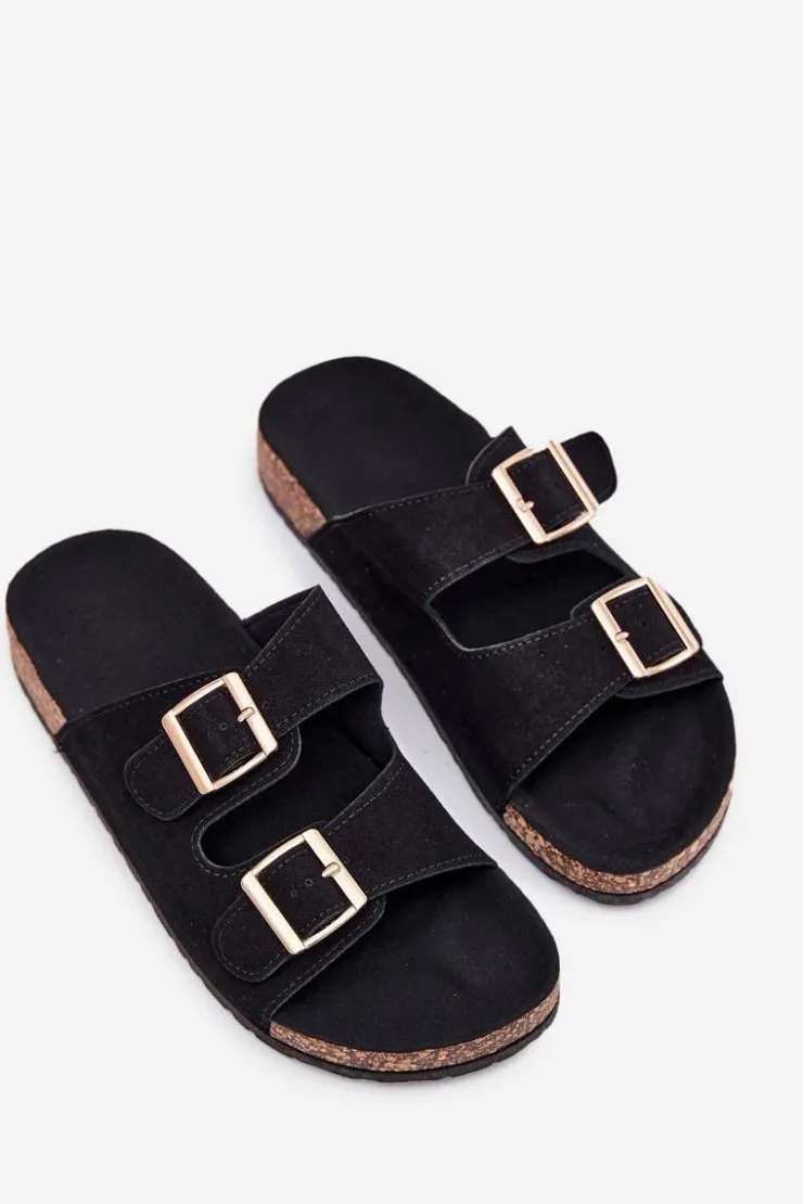 Damskie Boto Klapki Damskie Ze Złotymi Klamrami I Przeszyciami Czarne Lunera