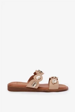 Boto Klapki Damskie Klasyczne*Klapki Damskie Ze Złotymi Przypinkami Beżowe Jenoriela Beżowy