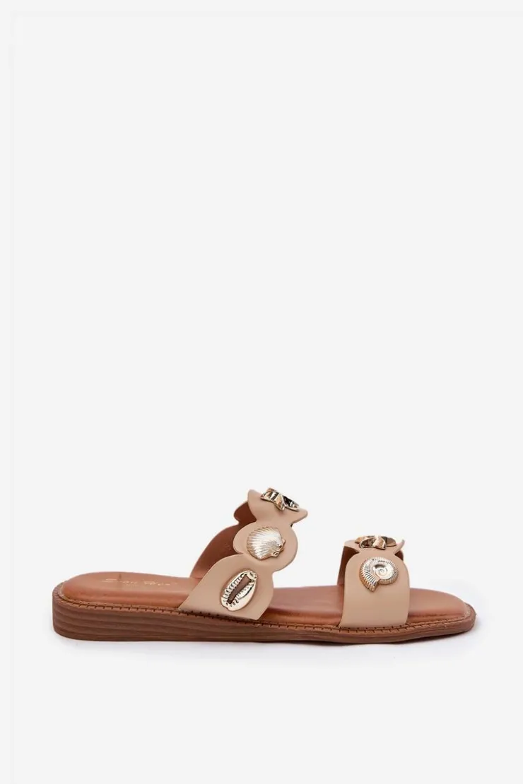 Boto Klapki Damskie Klasyczne*Klapki Damskie Ze Złotymi Przypinkami Beżowe Jenoriela Beżowy