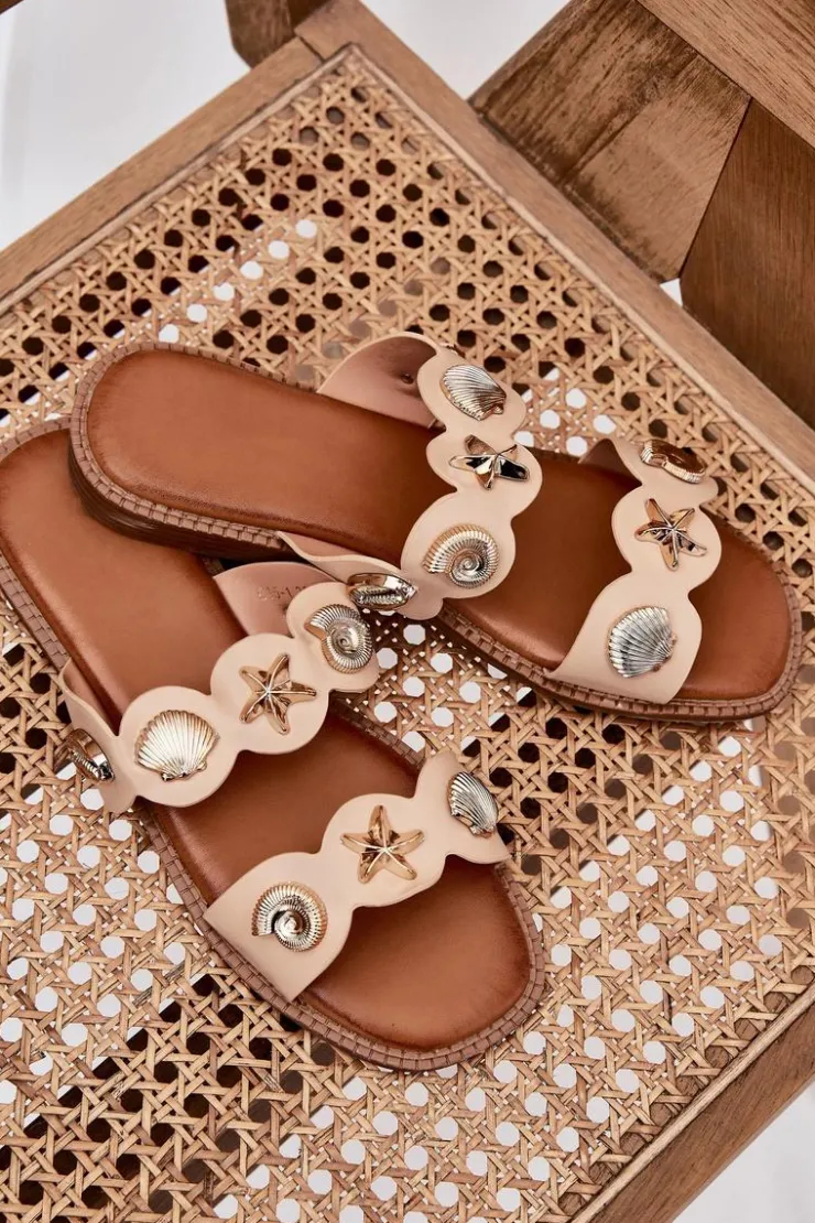 Boto Klapki Damskie Klasyczne*Klapki Damskie Ze Złotymi Przypinkami Beżowe Jenoriela Beżowy