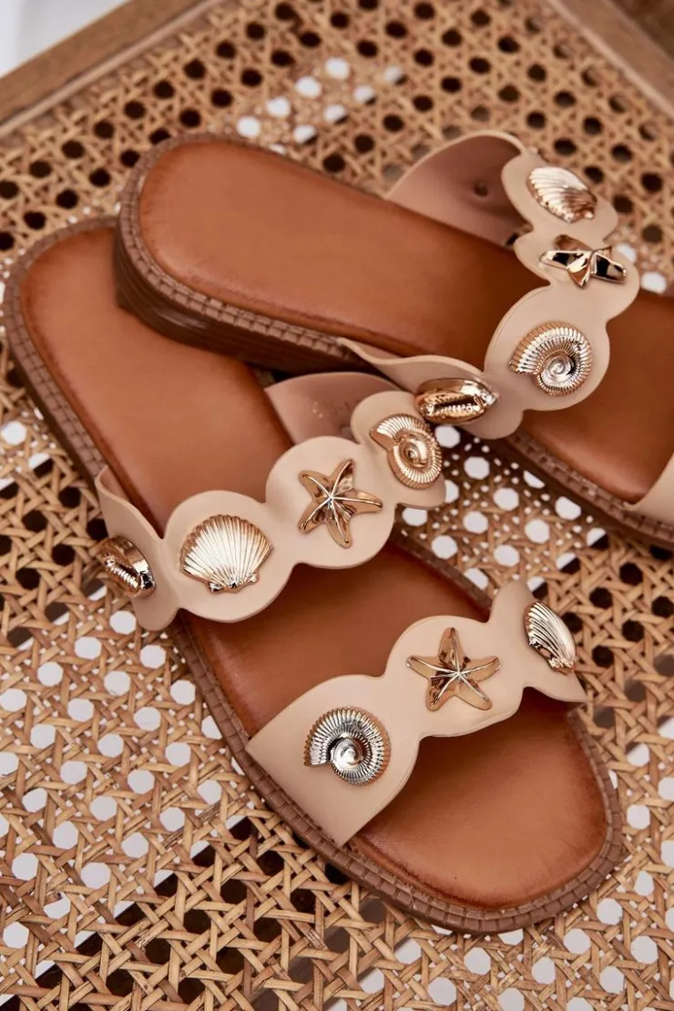 Boto Klapki Damskie Klasyczne*Klapki Damskie Ze Złotymi Przypinkami Beżowe Jenoriela Beżowy