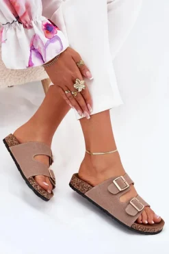 Online Boto Klapki Damskie Ze Złotymi Klamrami I Przeszyciami Khaki Lunera Beżowy