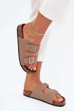 Online Boto Klapki Damskie Ze Złotymi Klamrami I Przeszyciami Khaki Lunera Beżowy