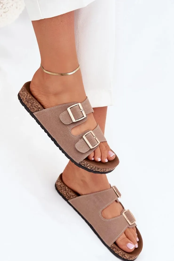 Online Boto Klapki Damskie Ze Złotymi Klamrami I Przeszyciami Khaki Lunera Beżowy