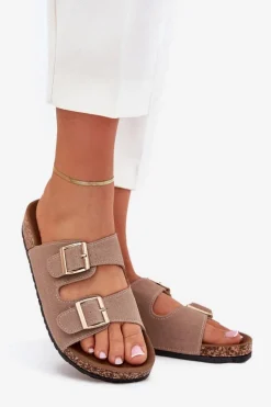 Online Boto Klapki Damskie Ze Złotymi Klamrami I Przeszyciami Khaki Lunera Beżowy