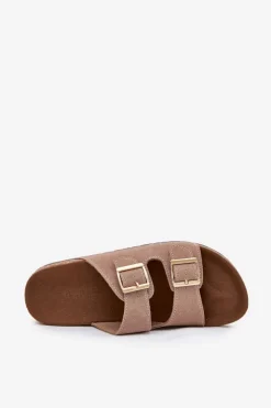 Online Boto Klapki Damskie Ze Złotymi Klamrami I Przeszyciami Khaki Lunera Beżowy