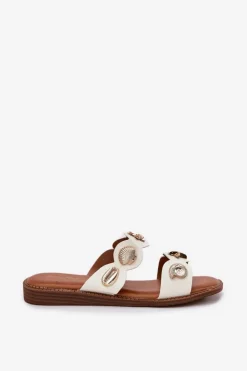 New Boto Klapki Damskie Ze Złotymi Przypinkami Białe Jenoriela Biały