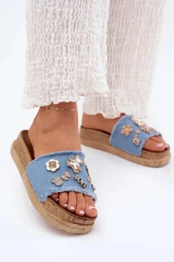 Boto Klapki Na Platformie|Klapki Damskie Klasyczne*Klapki Damskie Ze Złotymi Przypinkami Na Platformie Niebieskie Rigasta